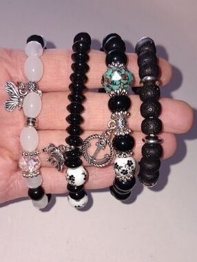 Black & White Beaded Charm Cluster Stacked  Bracelets Set New!